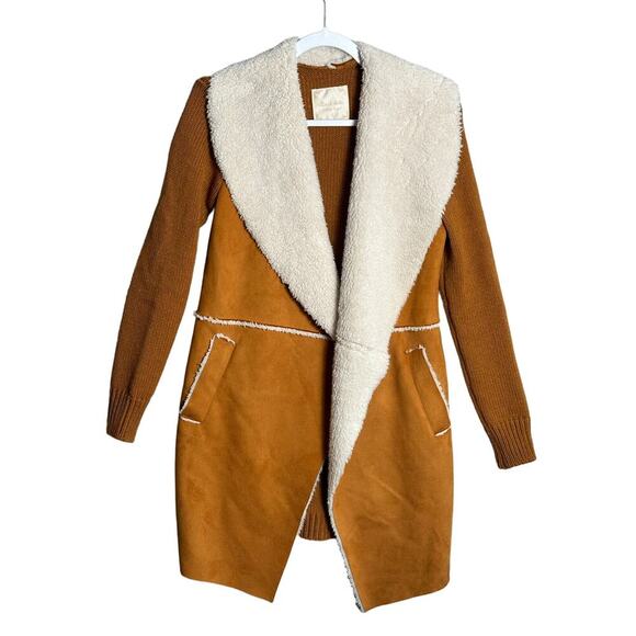Altar'd State Sz S Sherpa Fleece Faux Suede Long Open‎ Sweater Jacket Penny Lane - Picture 1 of 8